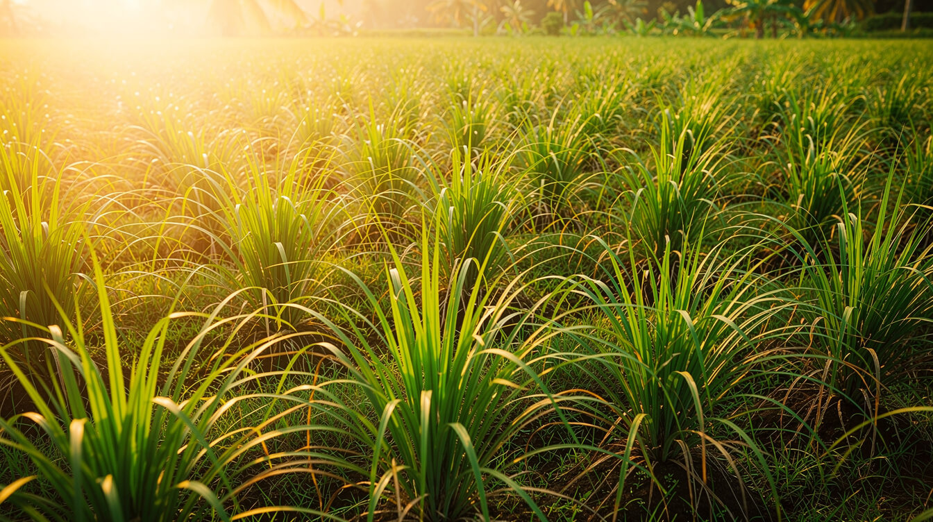 citronella essential oil benefits — sunlit citronella grass field
