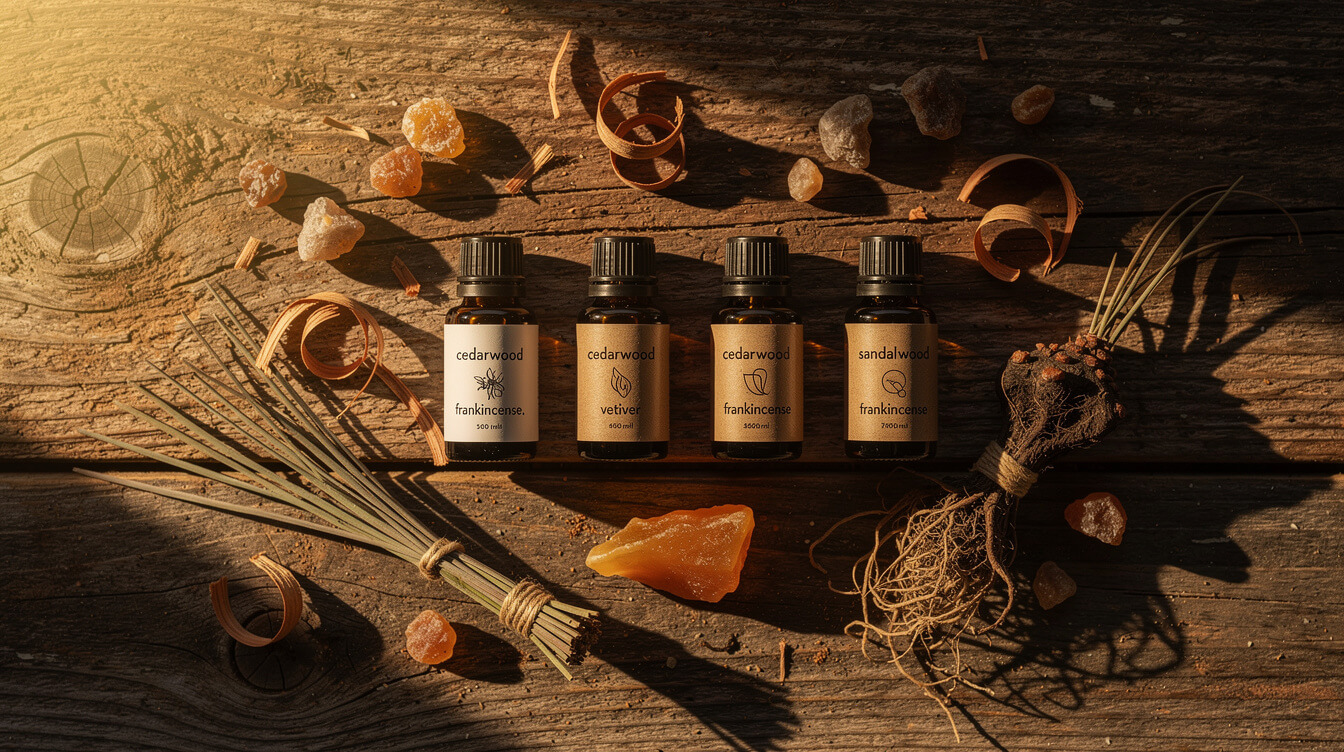 Autumn essential oils flat lay — cedarwood, vetiver, frankincense, sandalwood on rustic wood