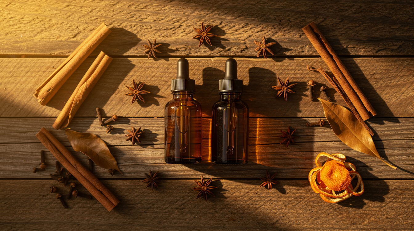 Cinnamon bark, cinnamon leaves, cloves, and essential oil bottles flat lay on wood table