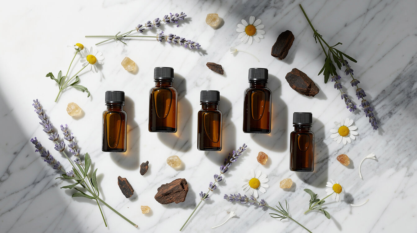 essential oil bottles with lavender and botanical elements for aromatherapy skin care