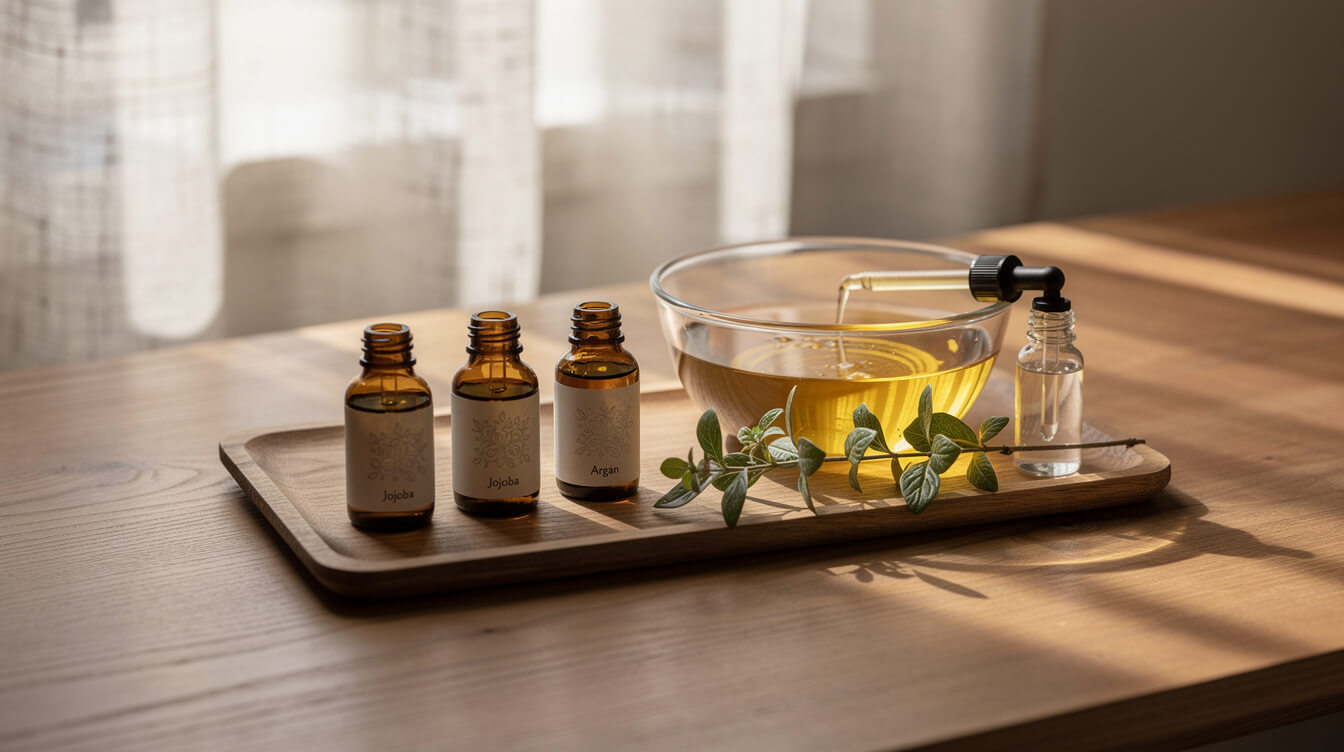 essential oil blending workspace with carrier oils and glass bottles