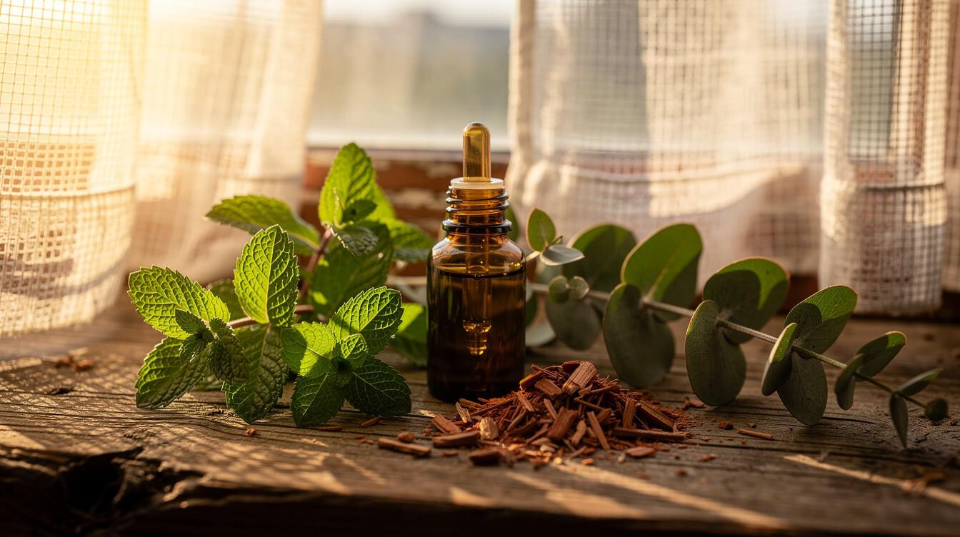Essential oils that keep spiders away, including peppermint, eucalyptus, and cedarwood
