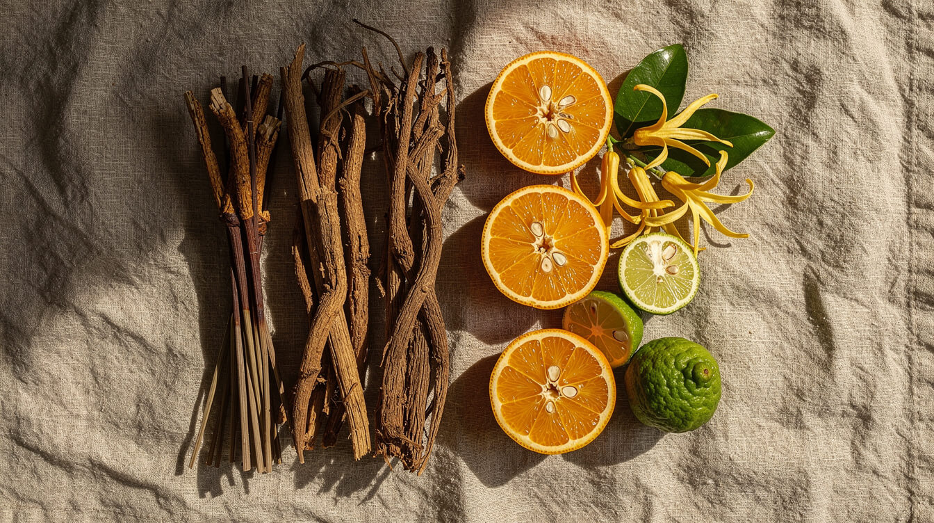 vetiver essential oil blending with citrus and floral oils