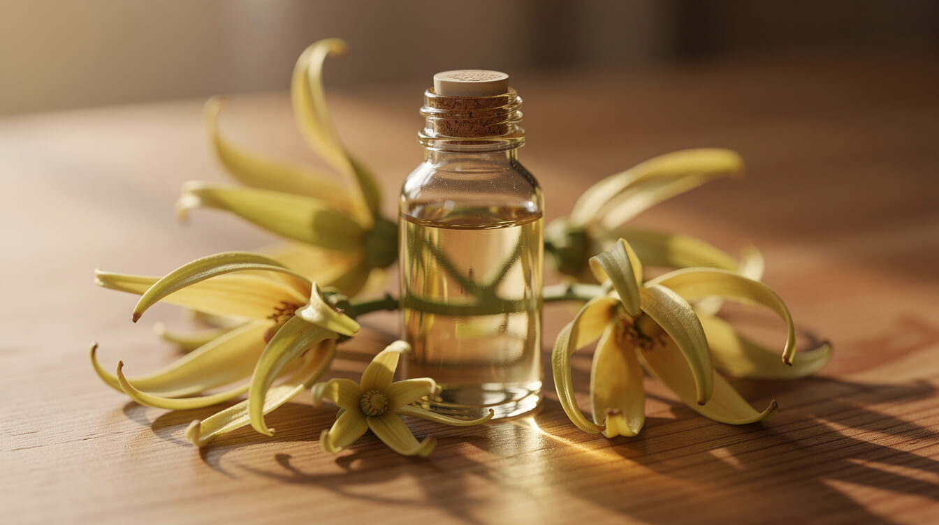 ylang ylang essential oil bottle with fresh tropical flowers on wood surface
