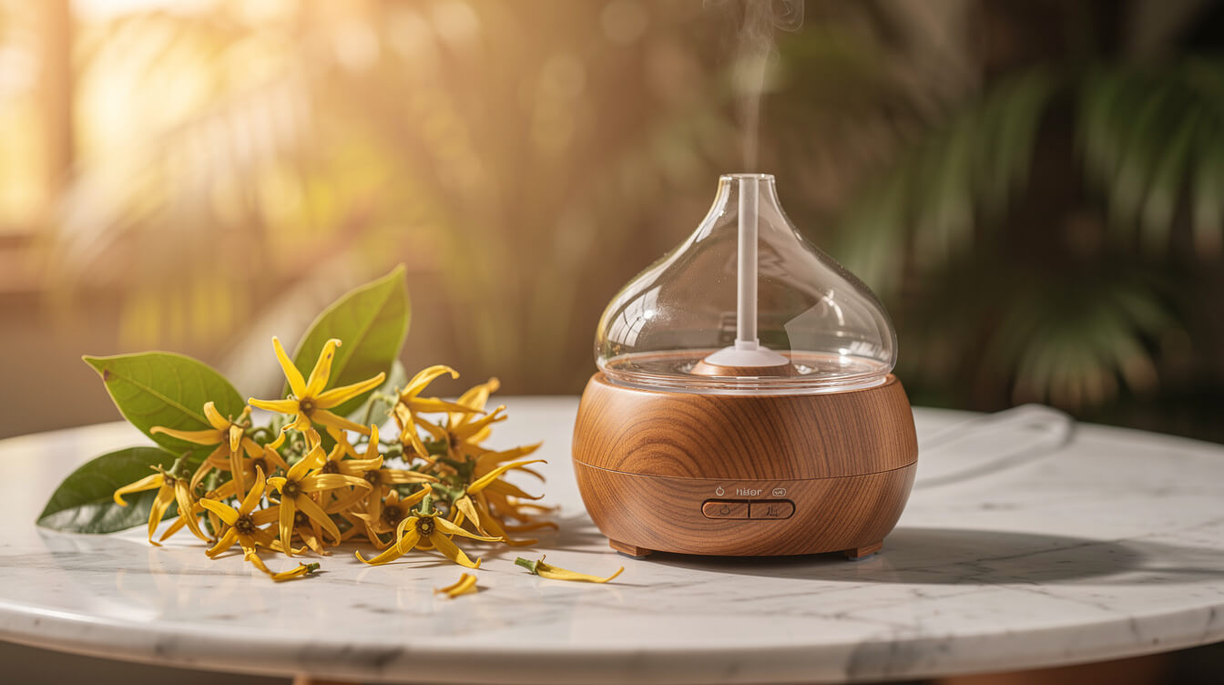 ylang ylang essential oil nebulizing diffuser wood glass aromatherapy setup