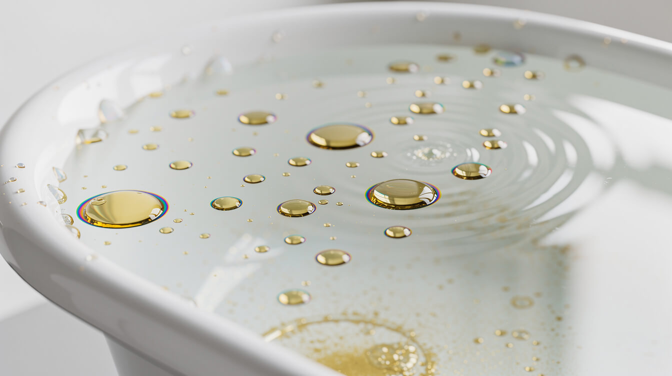aromatherapy oils for bath: undiluted oil droplets floating on the surface of clear bath water