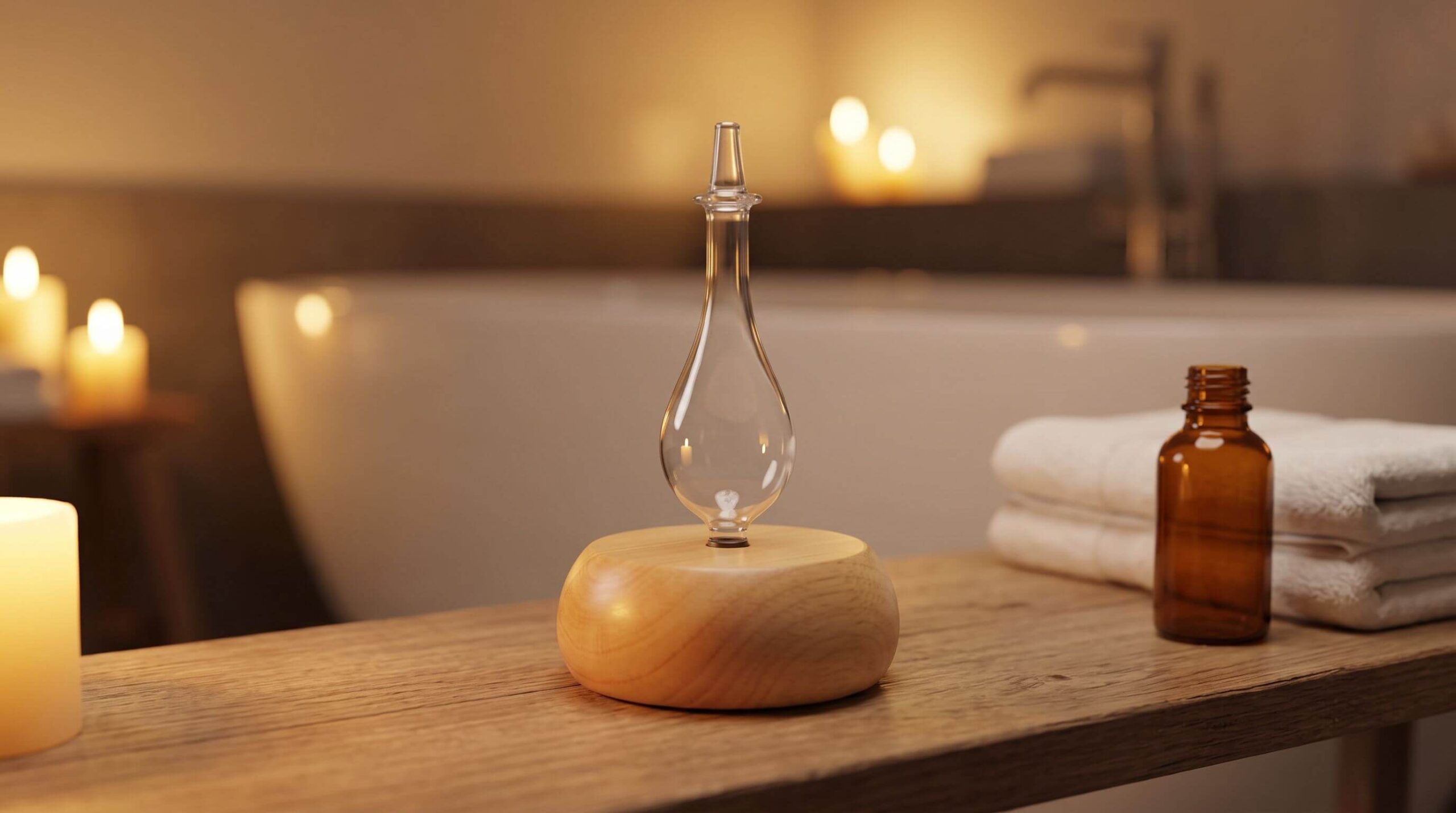 Handcrafted wood and glass Nebulizing Diffuser® at rest on a dry bathroom shelf beside folded towels, with a soaking tub in the background