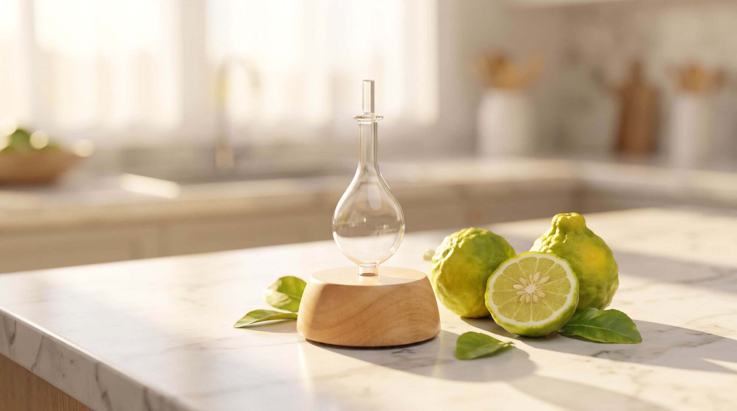 Handcrafted wood and glass Raindrop Nebulizing DiffuserĀ® at rest on a marble kitchen counter beside fresh bergamot oranges