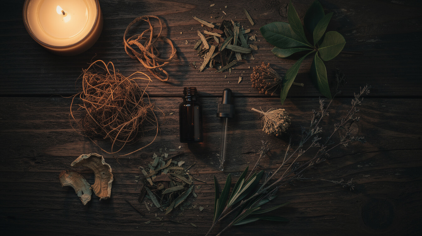 Dried vetiver roots and patchouli leaves flat lay with amber essential oil bottles by candlelight
