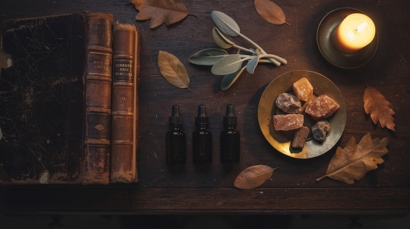 Candlelit antique library desk with old leather books, amber essential oil bottles, myrrh and frankincense resin, and clary sage leaves