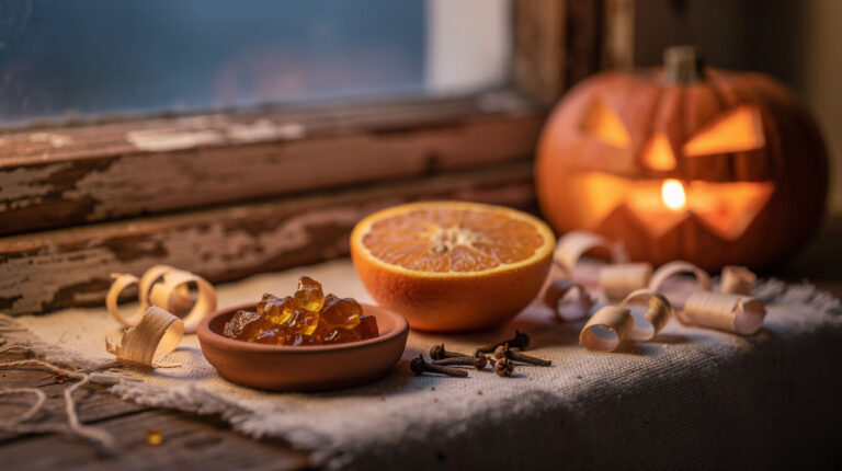 Myrrh resin in a clay dish, a halved orange and cloves on a windowsill beside a glowing jack-o-lantern at dusk