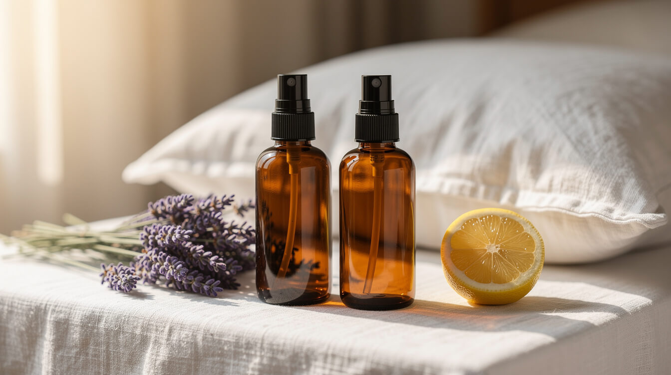 Two amber glass fine-mist spray bottles on white linen beside fresh lavender and a halved lemon