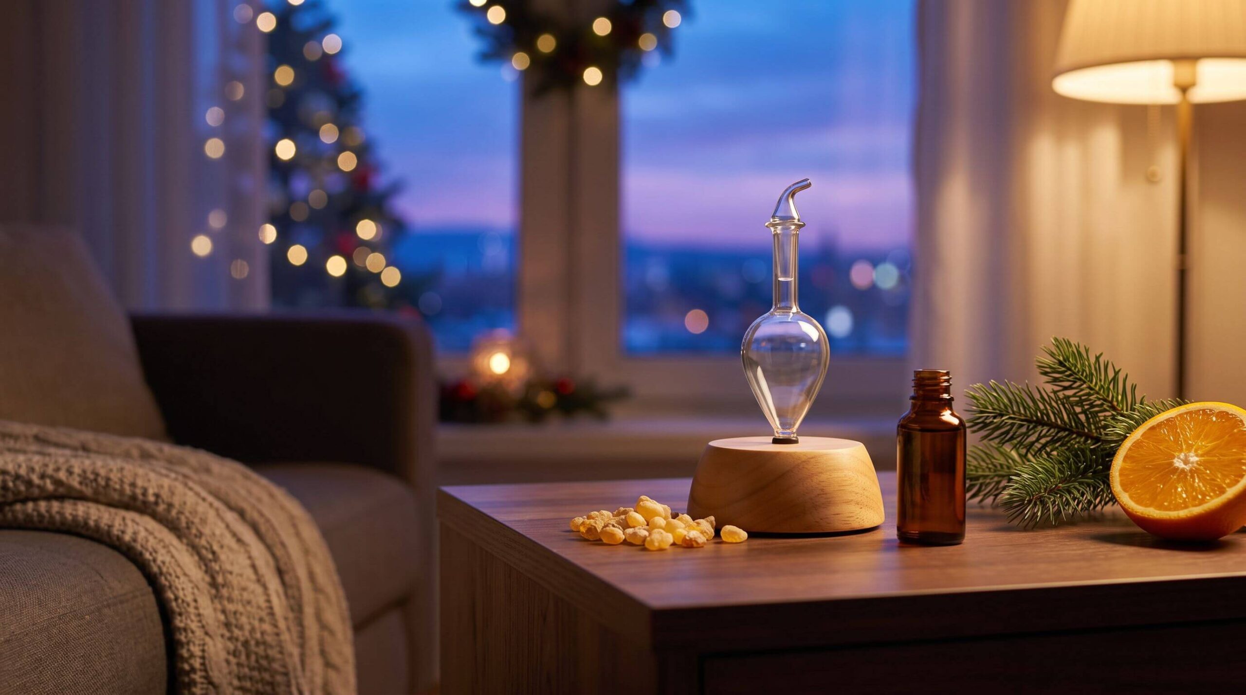 Handcrafted wood and glass Nebulizing DiffuserĀ® at rest on a side table beside frankincense resin tears, an amber bottle, a fir sprig and a halved orange on a winter evening