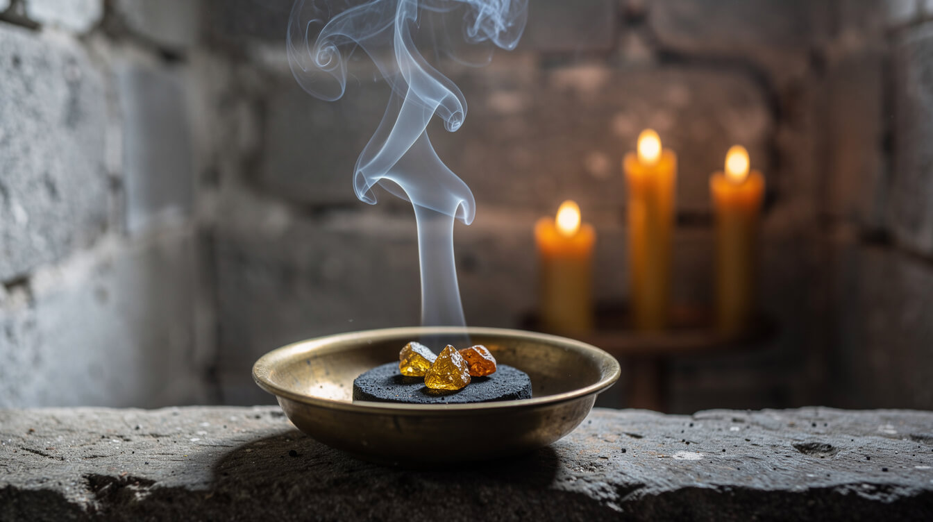 Golden frankincense resin tears smoldering on a charcoal disc in a brass bowl with a ribbon of smoke and beeswax candles in an old stone chapel