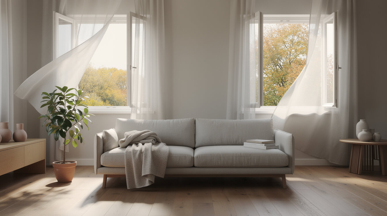 Bright living room with open windows and sheer linen curtains billowing in a fresh autumn breeze