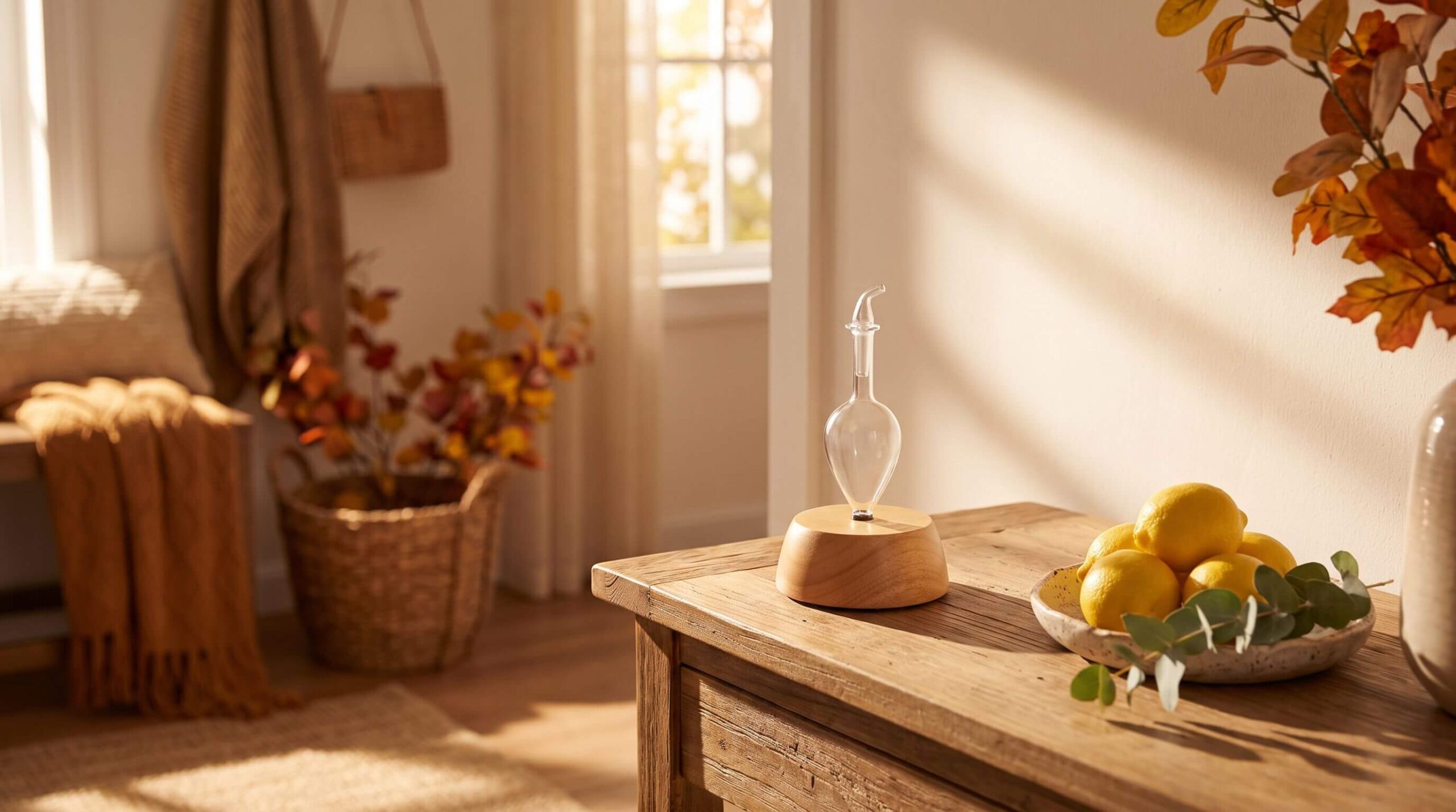 Handcrafted wood and glass Raindrop Nebulizing DiffuserĀ® at rest on a wooden console table beside fresh lemons and eucalyptus in autumn light