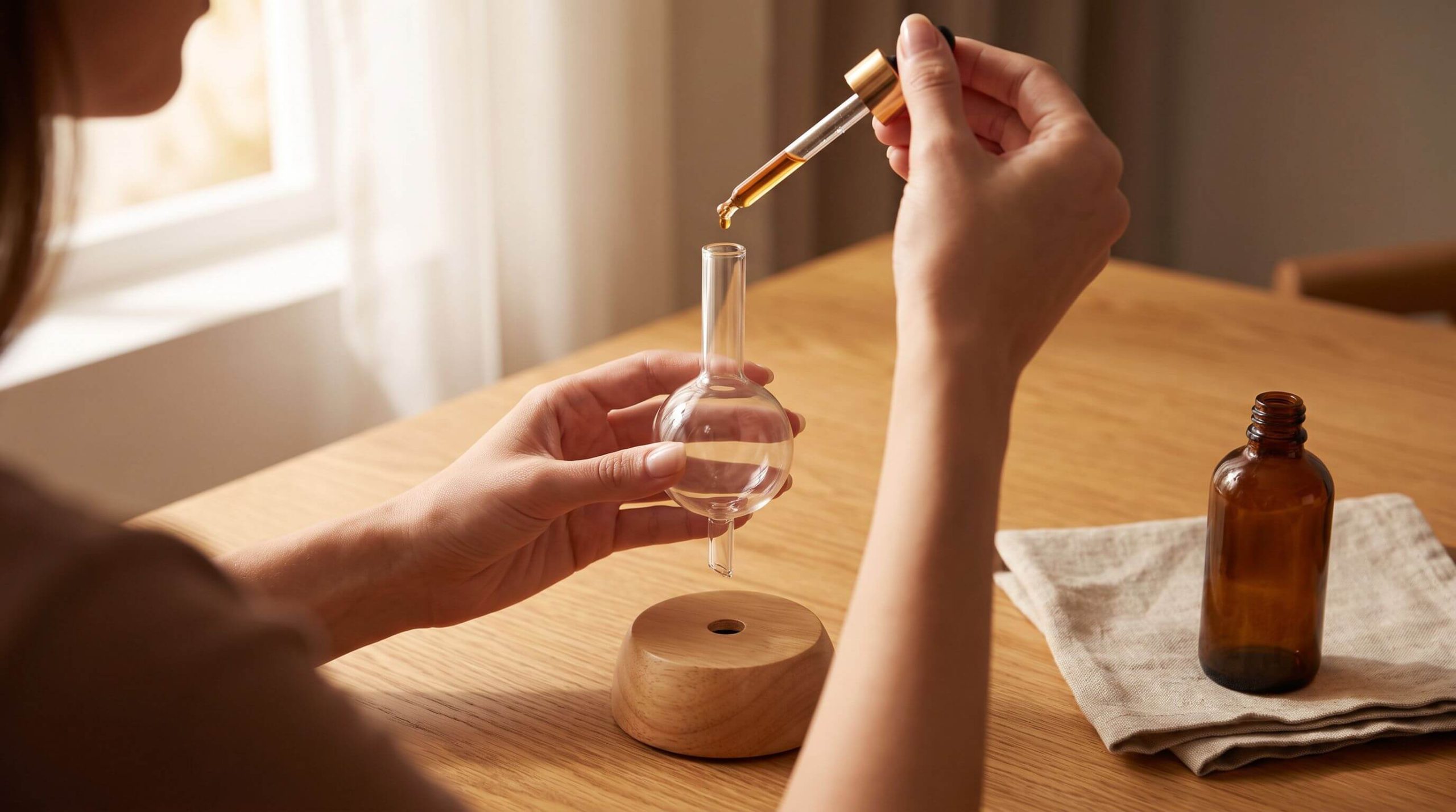 how to use a nebulizing diffuser: adding essential oil drops to the glass reservoir lifted off its wooden base