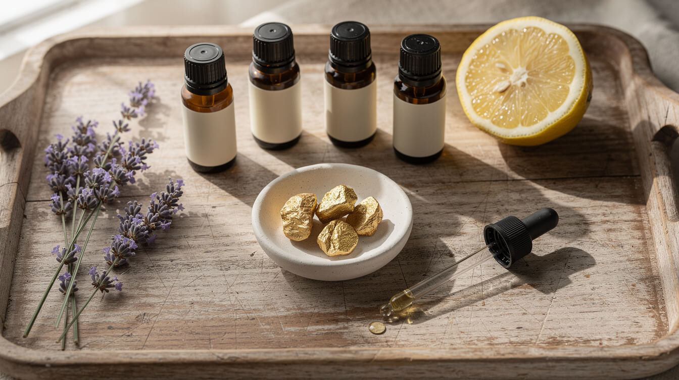Plain amber essential oil bottles, lavender, lemon and frankincense resin on a wooden tray, ready for a nebulizing diffuser