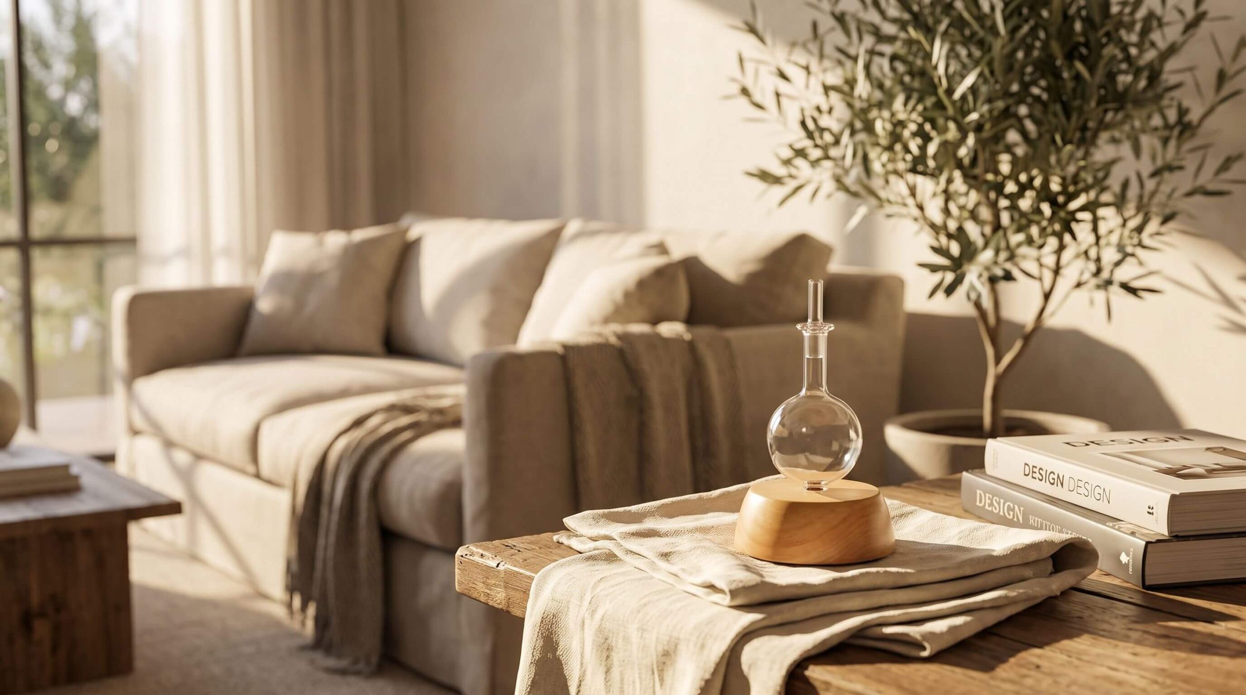 Raindrop Nebulizing Diffuser® at rest on a linen cloth on a living room side table, a few feet from the sofa