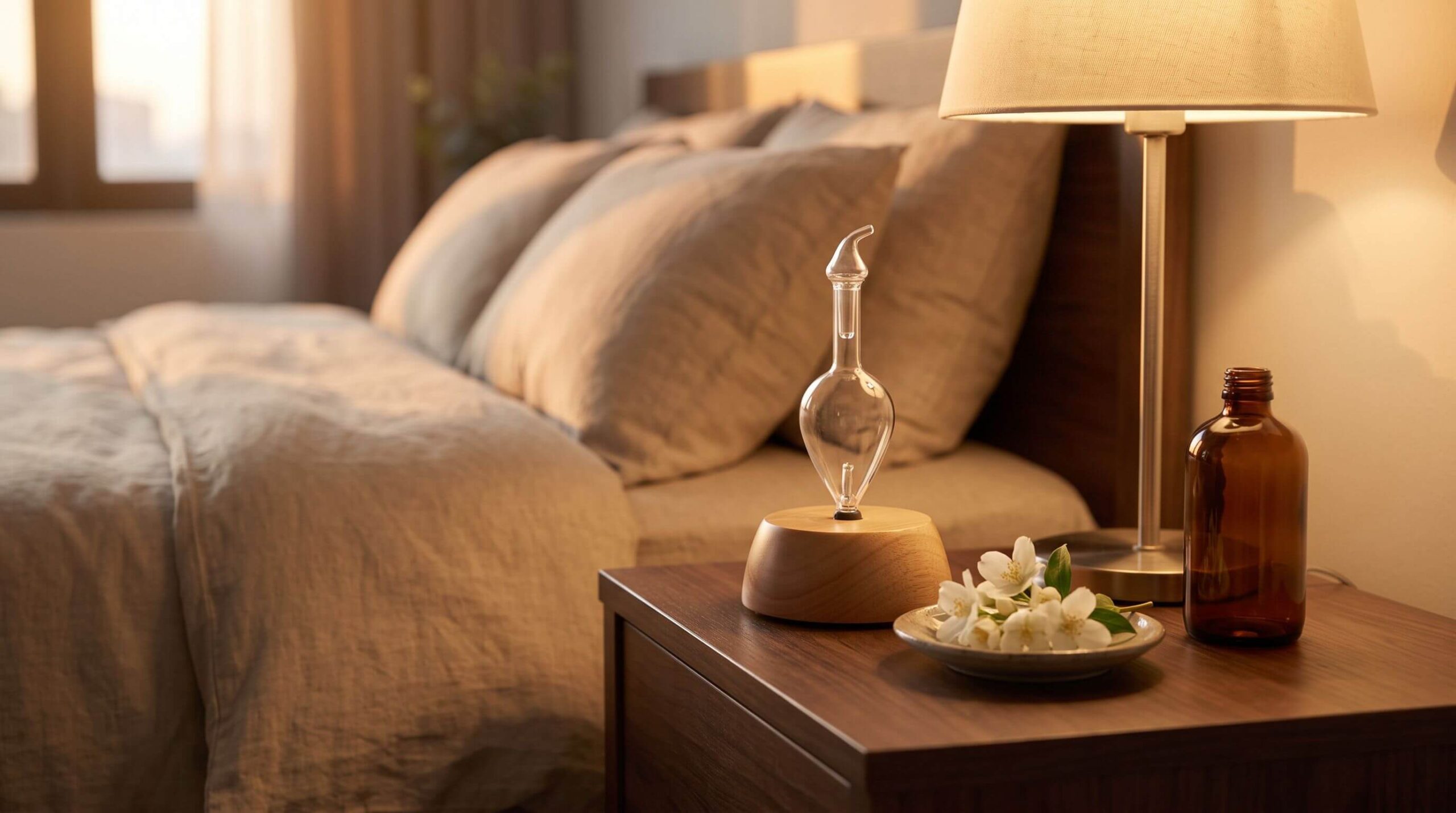 Handcrafted wood and glass Raindrop Nebulizing Diffuser® at rest on a walnut nightstand beside fresh jasmine flowers