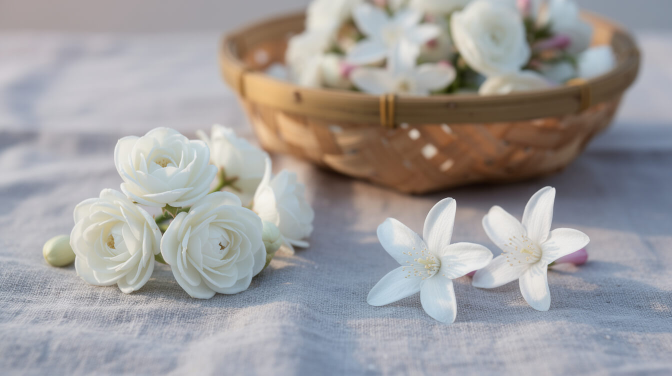 Round many-petaled Jasminum sambac blossoms beside star-shaped Jasminum grandiflorum flowers on linen at dawn, with a harvest basket