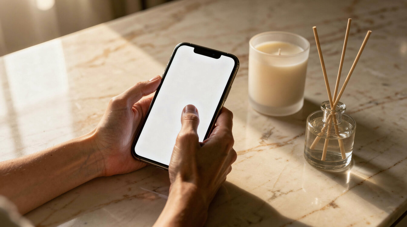 hands checking a luxury candle brand's ingredient page on a phone next to a frosted candle and reed vessel