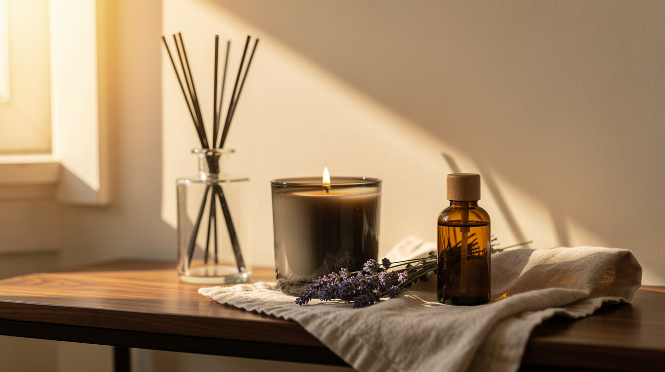 luxury home fragrance brands: a scented candle, reed vase and amber essential oil bottle on a sunlit console table