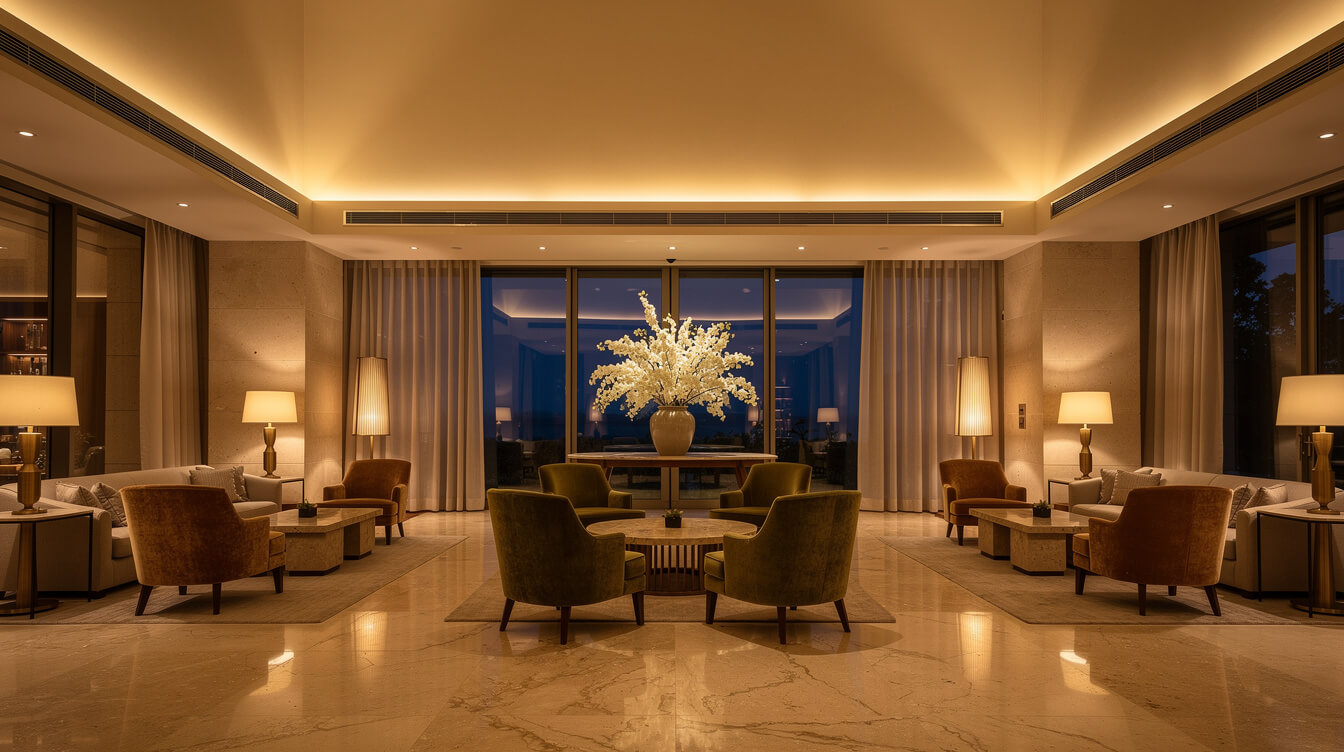 a softly lit luxury hotel lobby with travertine floors, velvet armchairs and ceiling air vents