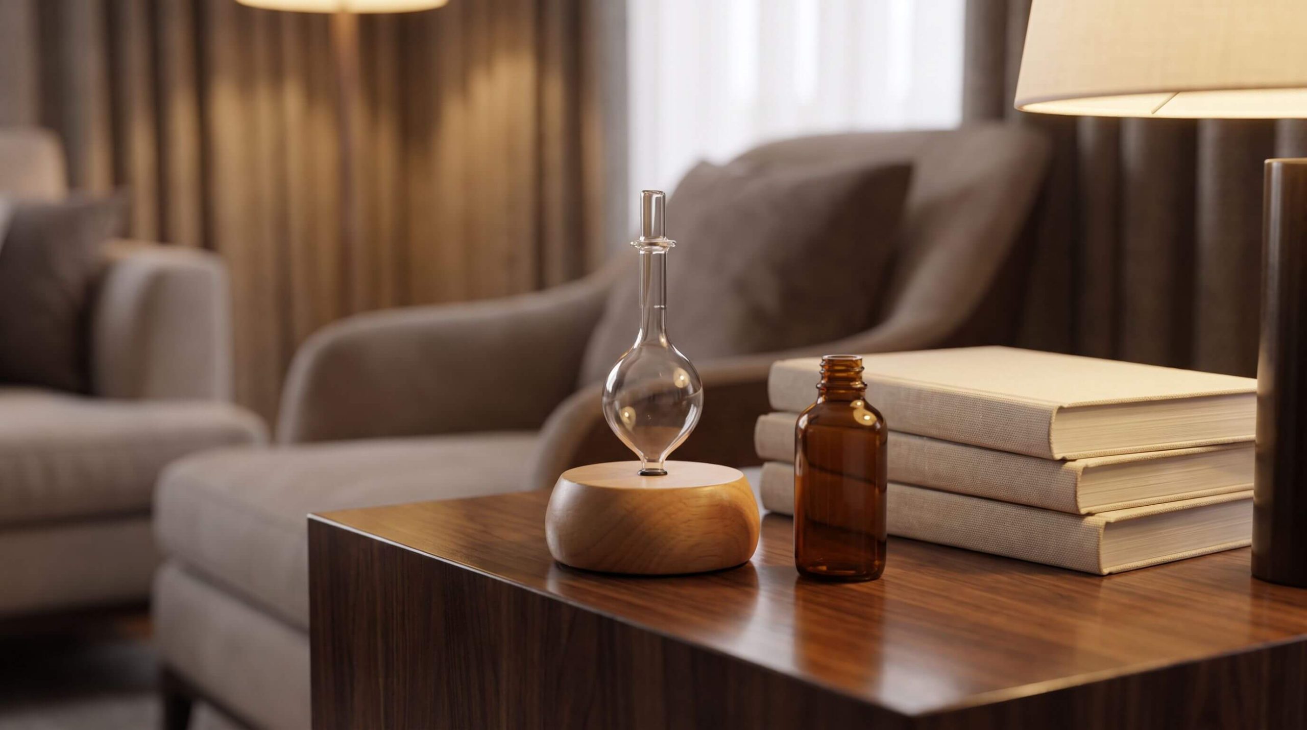 a handcrafted Nebulizing DiffuserĀ® of real wood and Pyrex glass on a walnut side table in an elegant living room