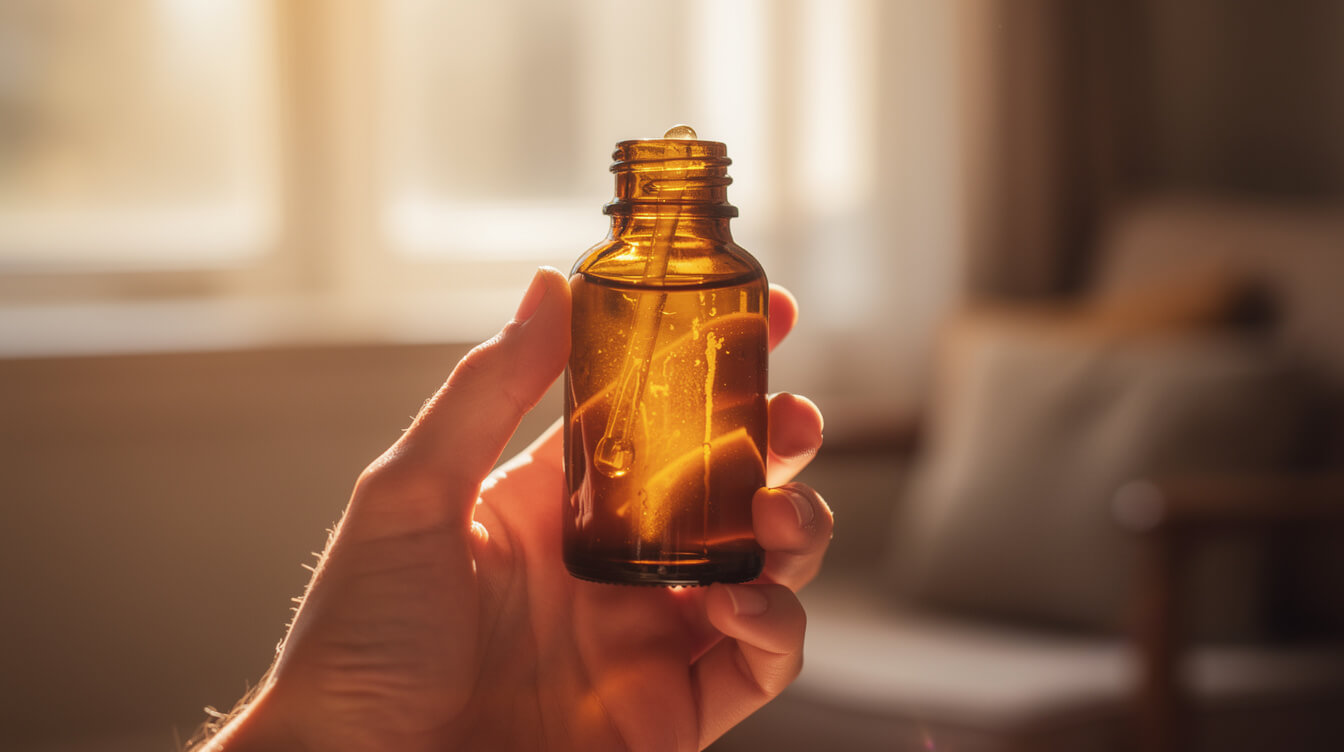 thick viscous myrrh oil in glass bottle held to the light