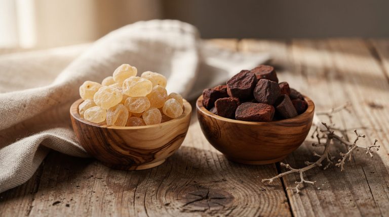 myrrh vs frankincense: pale golden frankincense tears and dark red-brown myrrh resin in wooden bowls
