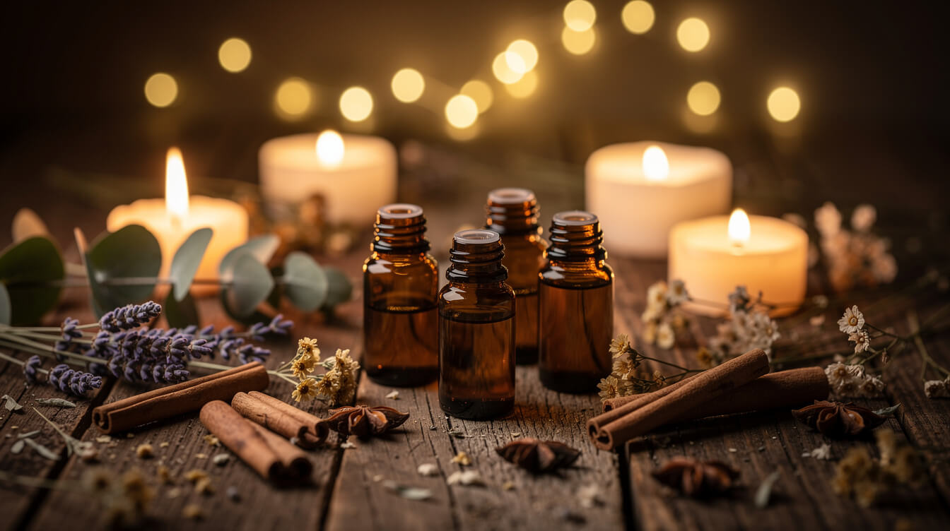 myrrh essential oil blended with winter botanicals by candlelight