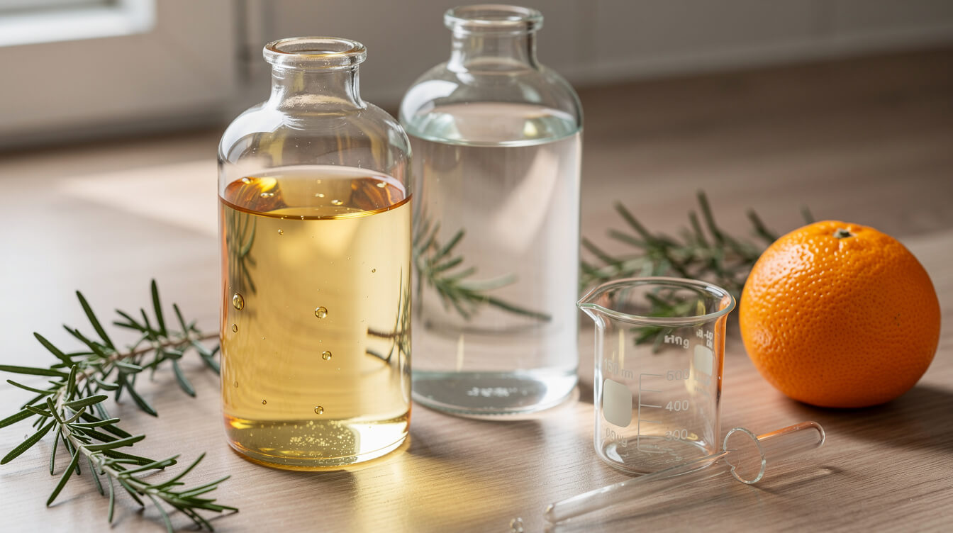 essential oil room spray recipes: undissolved oil floating on water beside a clear, properly solubilized spray