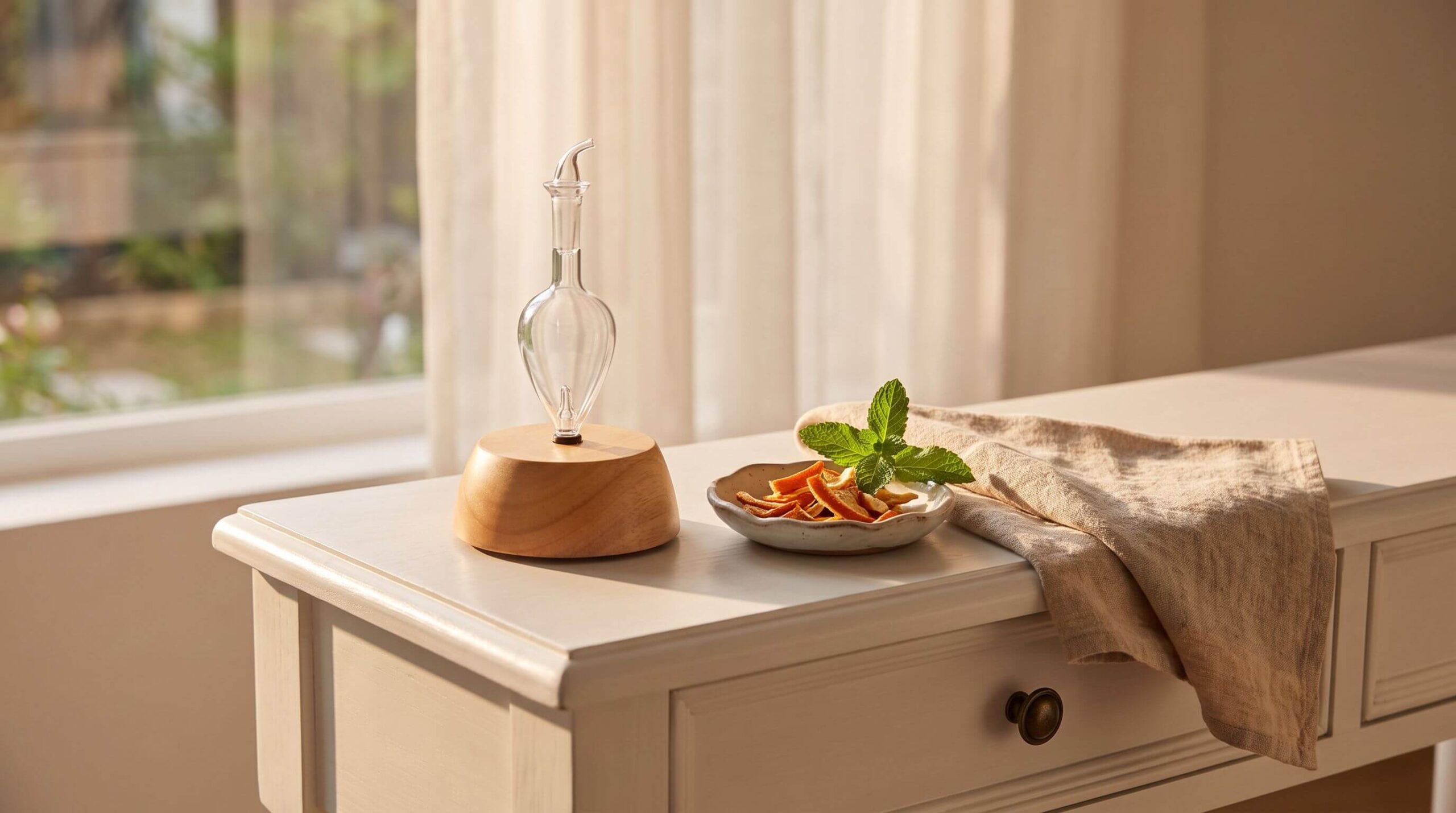 Handcrafted wood and glass Nebulizing DiffuserĀ® at rest on an entryway console table beside orange peel and fresh mint