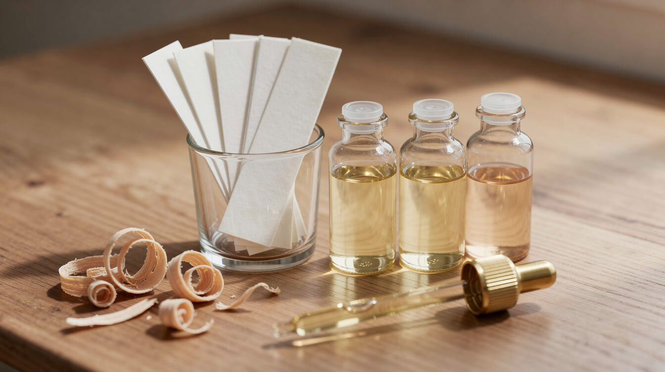 Scent blotter strips and small glass vials of pale golden oil beside sandalwood shavings on a perfumer's wooden bench