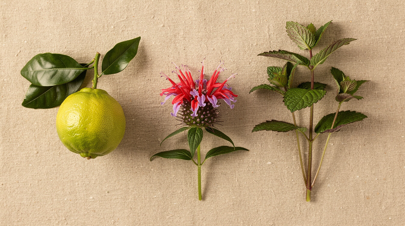 Bergamot orange, scarlet bee balm flowers and bergamot mint sprigs arranged side by side on linen