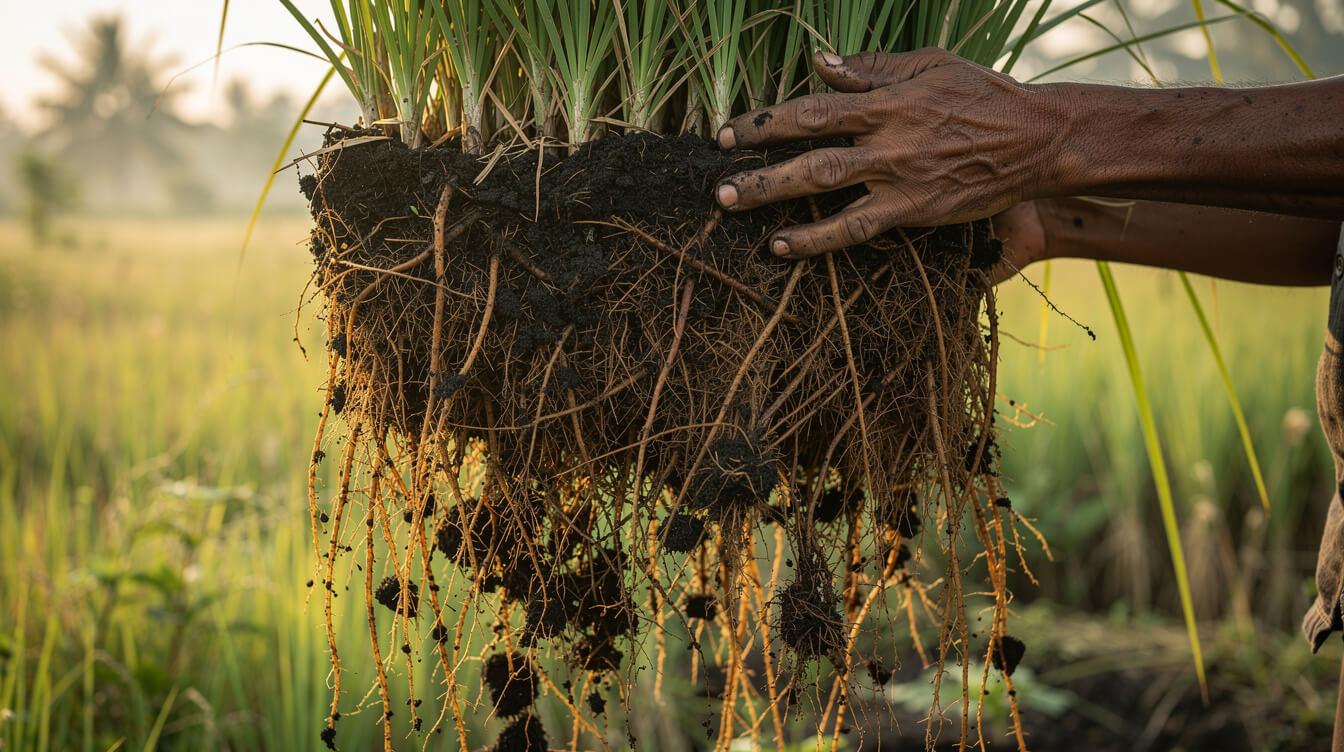 Hands holding up a freshly dug clump of vetiver grass showing its dense tangled roots and dark soil in a green field at sunrise