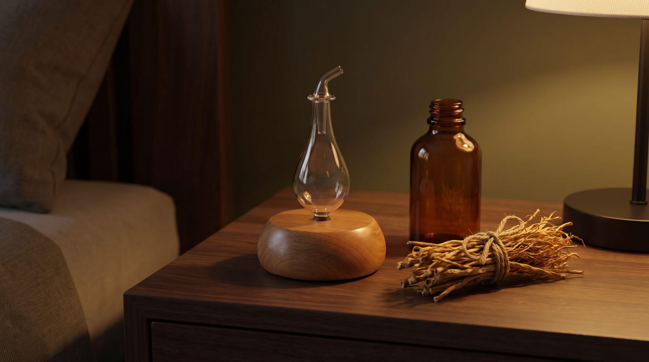 Handcrafted wood and glass Nebulizing Diffuser® at rest on a walnut bedside table beside a bundle of dried vetiver roots and an amber glass bottle